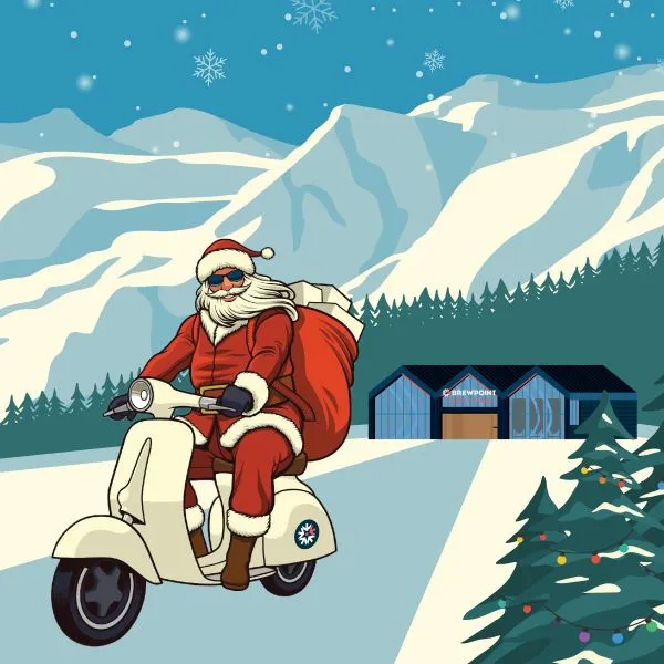 Santa Claus driving a moped away from Brewpoint Bedford. The scenery backdrop is mountains and snow